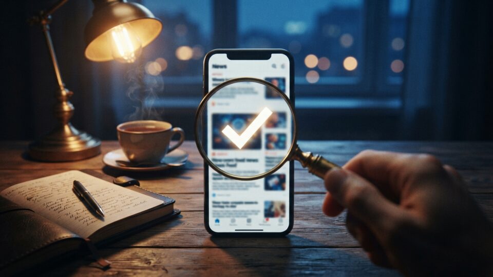 Illustration: a smartphone showing a news feed under a magnifying glass, beside a notebook and a cup of tea