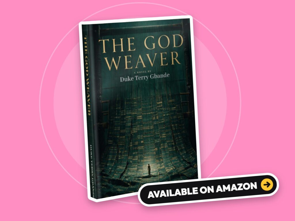 A 3D mockup of The God Weaver: A Novel by Duke Terry Gbande, standing on a pink background with an Available on Amazon label