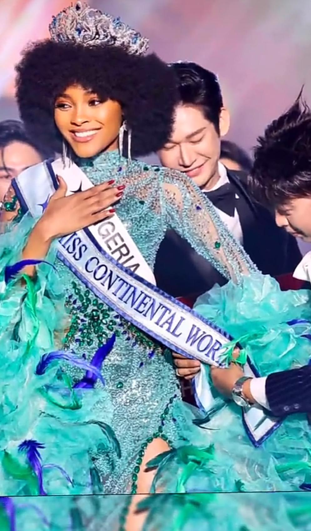 Oma Osele being crowned Miss Continental World 2026 on stage in Ayutthaya, Thailand